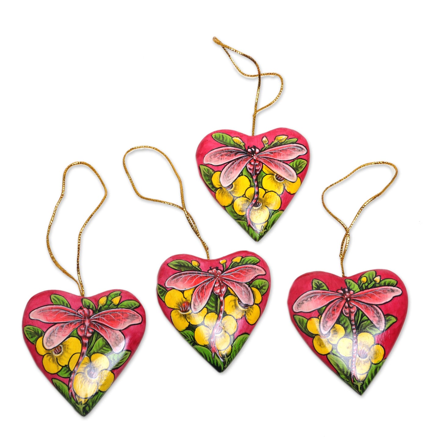 Dragonfly Love 4 Hand Painted Balinese Heart Ornaments with Dragonflies