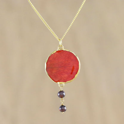 Autumn Red Rose Garnet and Gold Plated Natural Rose Petal Pendant Necklace