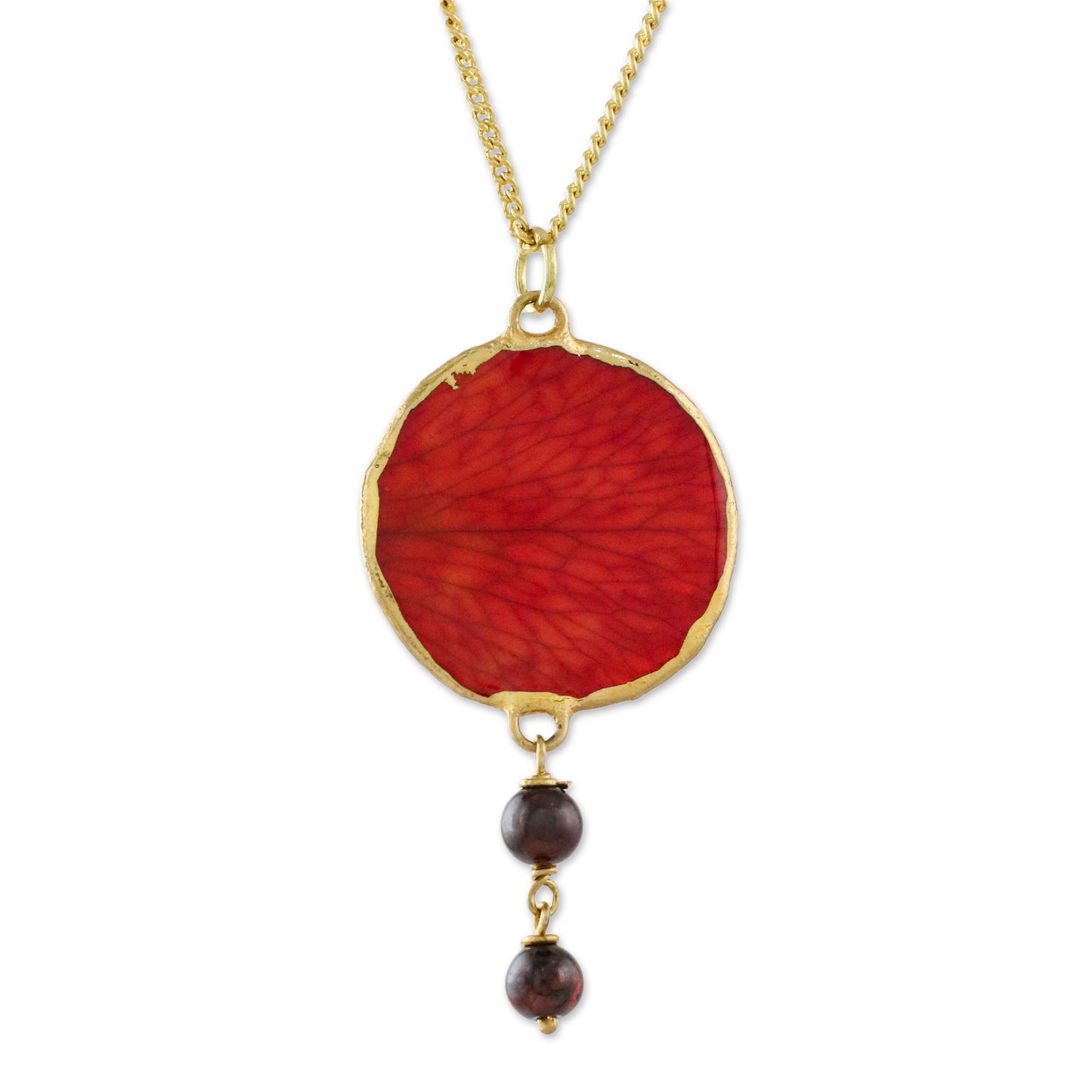 Autumn Red Rose Garnet and Gold Plated Natural Rose Petal Pendant Necklace