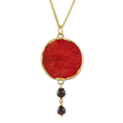 Autumn Red Rose Garnet and Gold Plated Natural Rose Petal Pendant Necklace