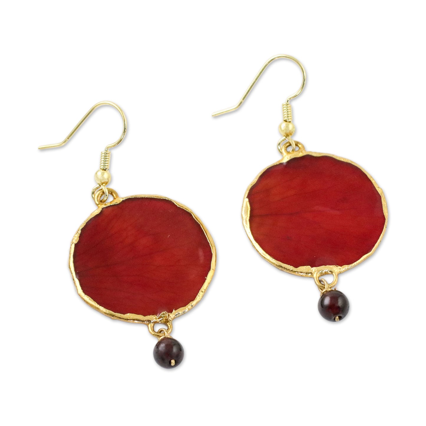 Red Rose of Autumn Garnet and Gold Plated Natural Rose Petal Dangle Earrings