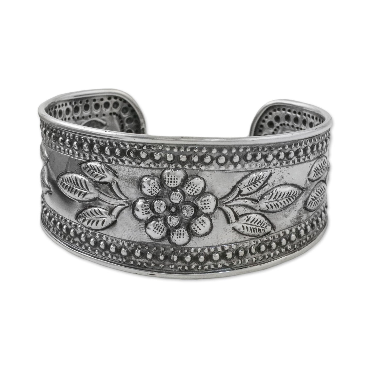 Pleasure in Paradise Handmade Sterling Silver Floral Cuff Bracelet from Thailand