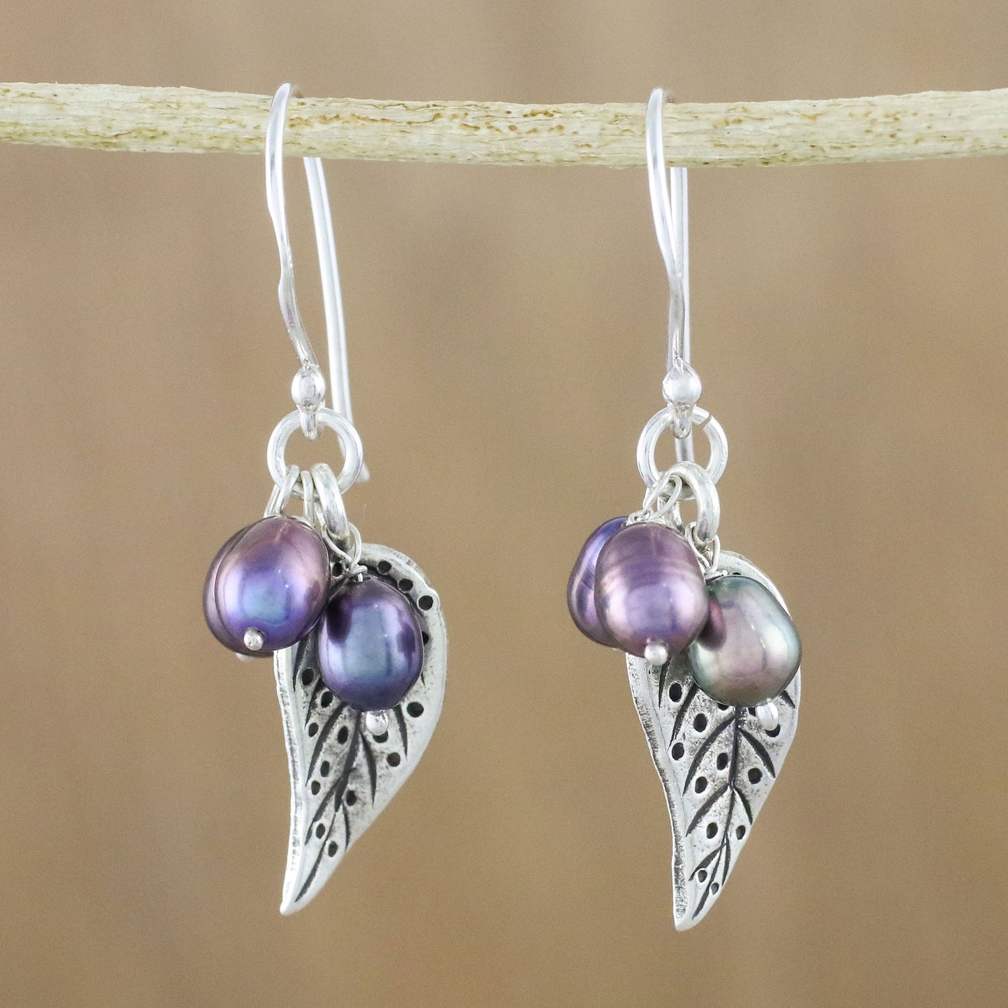 Lively Leaves in Grey Grey Cultured Pearl and Silver Leaf Earrings from Thailand