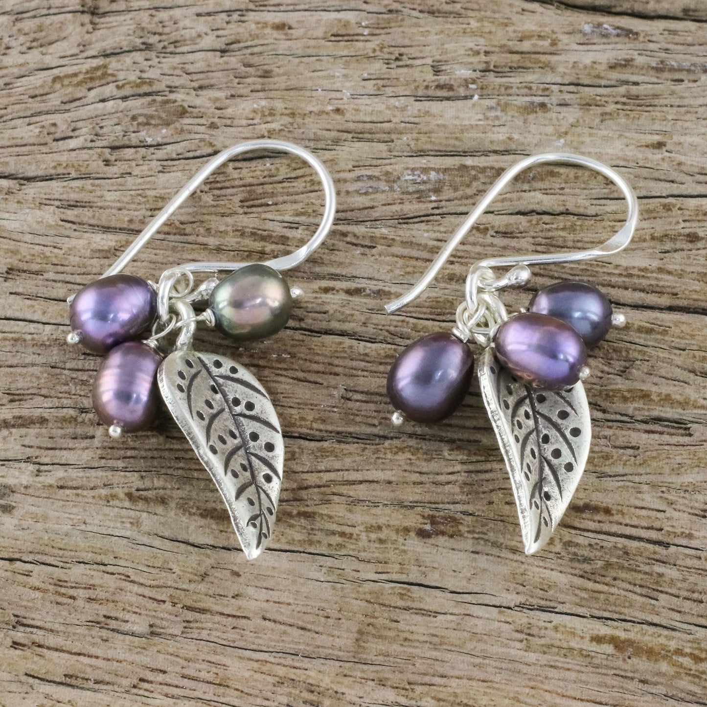 Lively Leaves in Grey Grey Cultured Pearl and Silver Leaf Earrings from Thailand