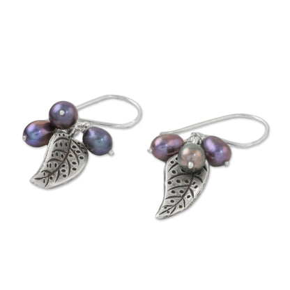 Lively Leaves in Grey Grey Cultured Pearl and Silver Leaf Earrings from Thailand