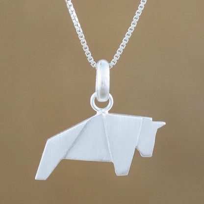 Origami Bull Bull Necklace Hand Crafted in Brushed Sterling Silver