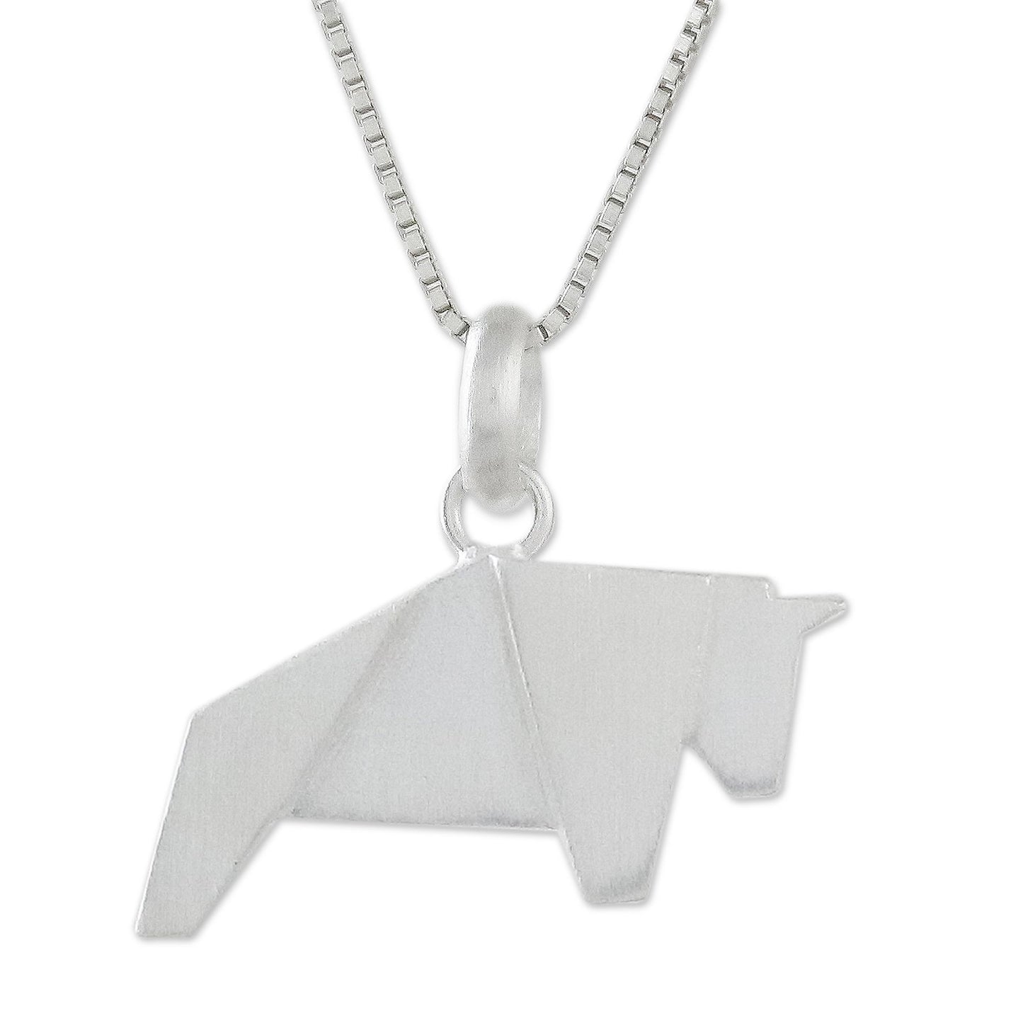 Origami Bull Bull Necklace Hand Crafted in Brushed Sterling Silver