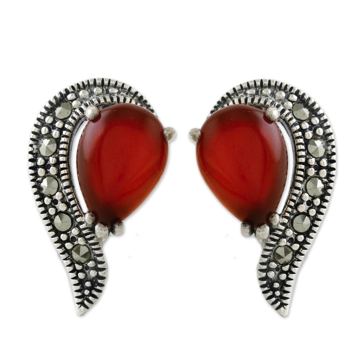 Victorian Lady Button Earrings with Marcasite and Orange-Red Onyx