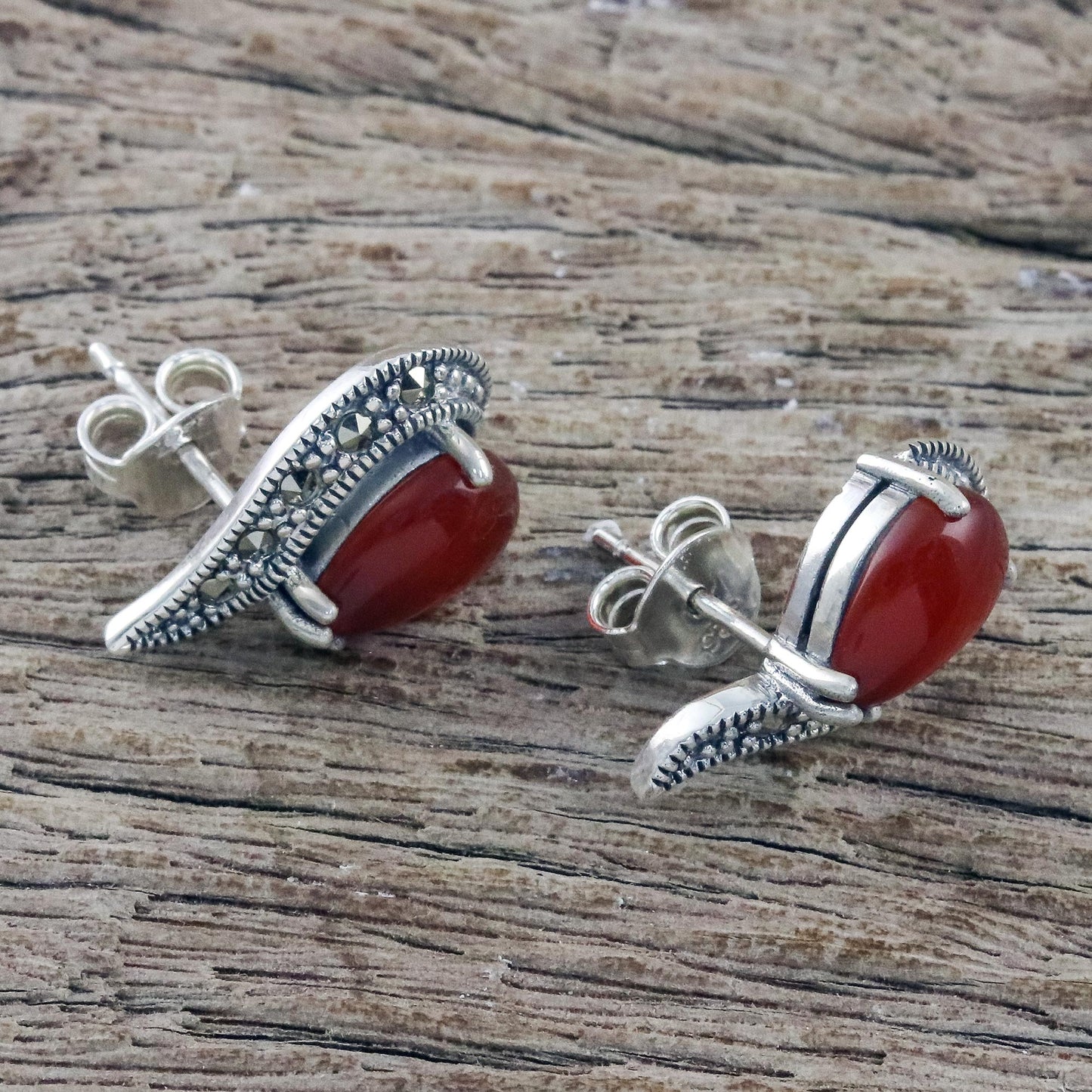 Victorian Lady Button Earrings with Marcasite and Orange-Red Onyx