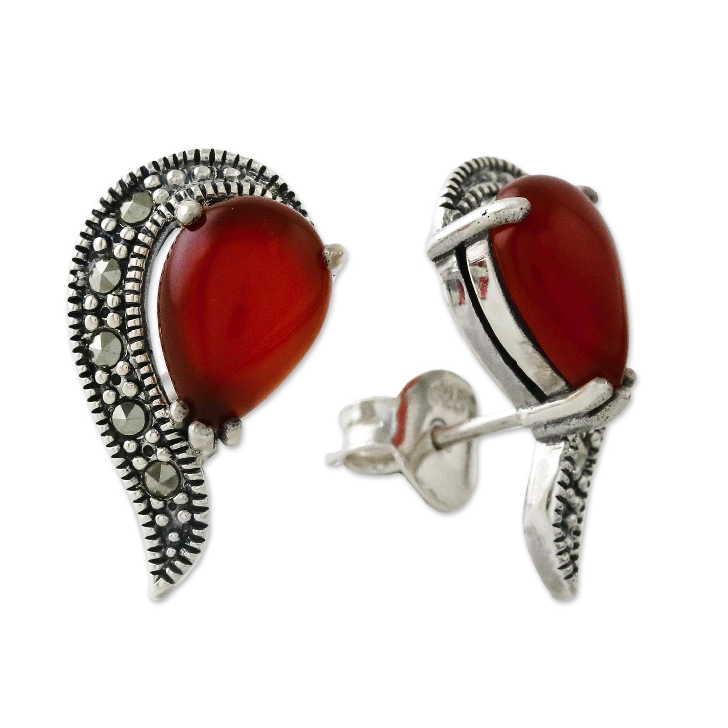 Victorian Lady Button Earrings with Marcasite and Orange-Red Onyx