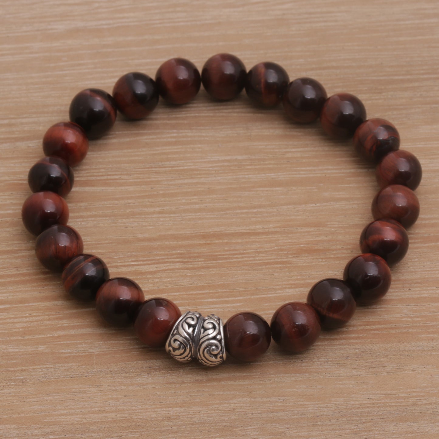 Full Circle in Maroon Tiger's Eye and Sterling Silver Beaded Stretch Bracelet