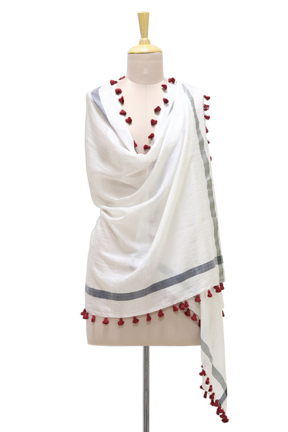 Blissful Simplicity Hand Woven Silk Cotton Blend White Shawl with Red Tassels