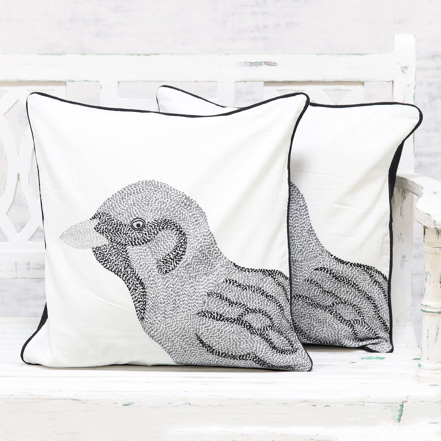 Magnificent Sparrow 100% Cotton Sparrow Pattern Neutral Cushion Covers Pair