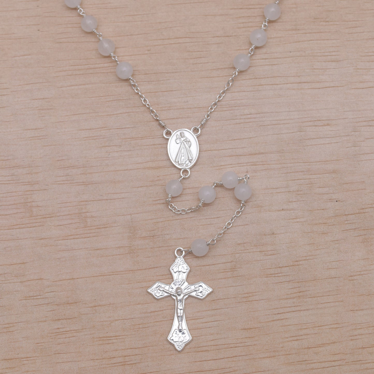 Blessed Mary Handmade Moonstone and Sterling Silver Rosary Y-Necklace