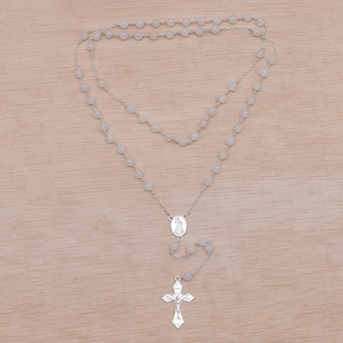 Blessed Mary Handmade Moonstone and Sterling Silver Rosary Y-Necklace