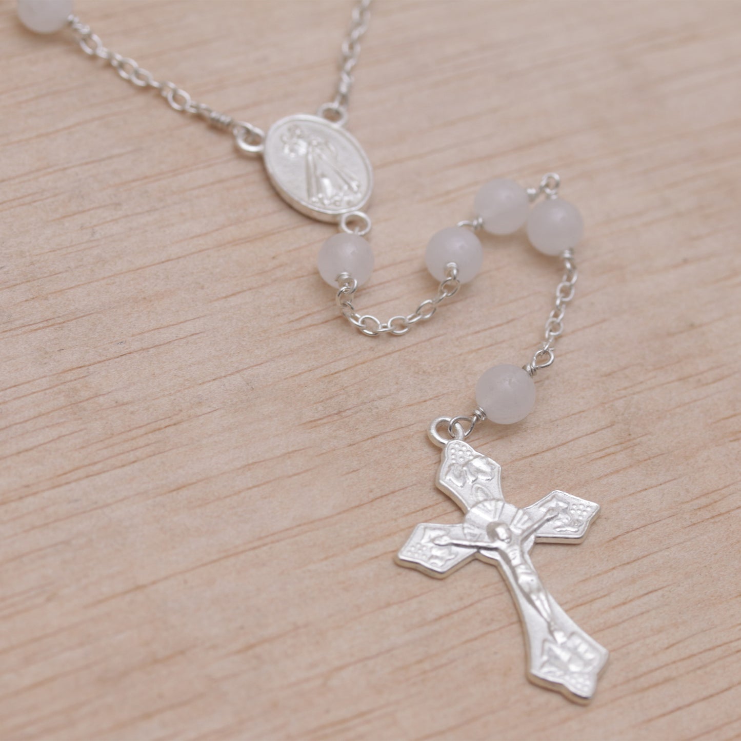 Blessed Mary Handmade Moonstone and Sterling Silver Rosary Y-Necklace