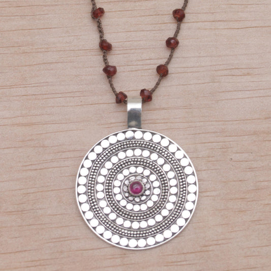 Shining Shield in Brown Handmade 925 Sterling Silver Rhodolite Cord Pendant Necklace