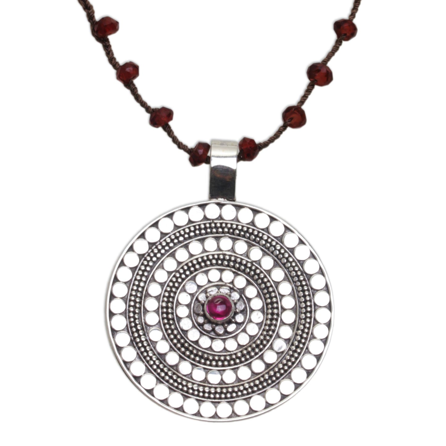 Shining Shield in Brown Handmade 925 Sterling Silver Rhodolite Cord Pendant Necklace