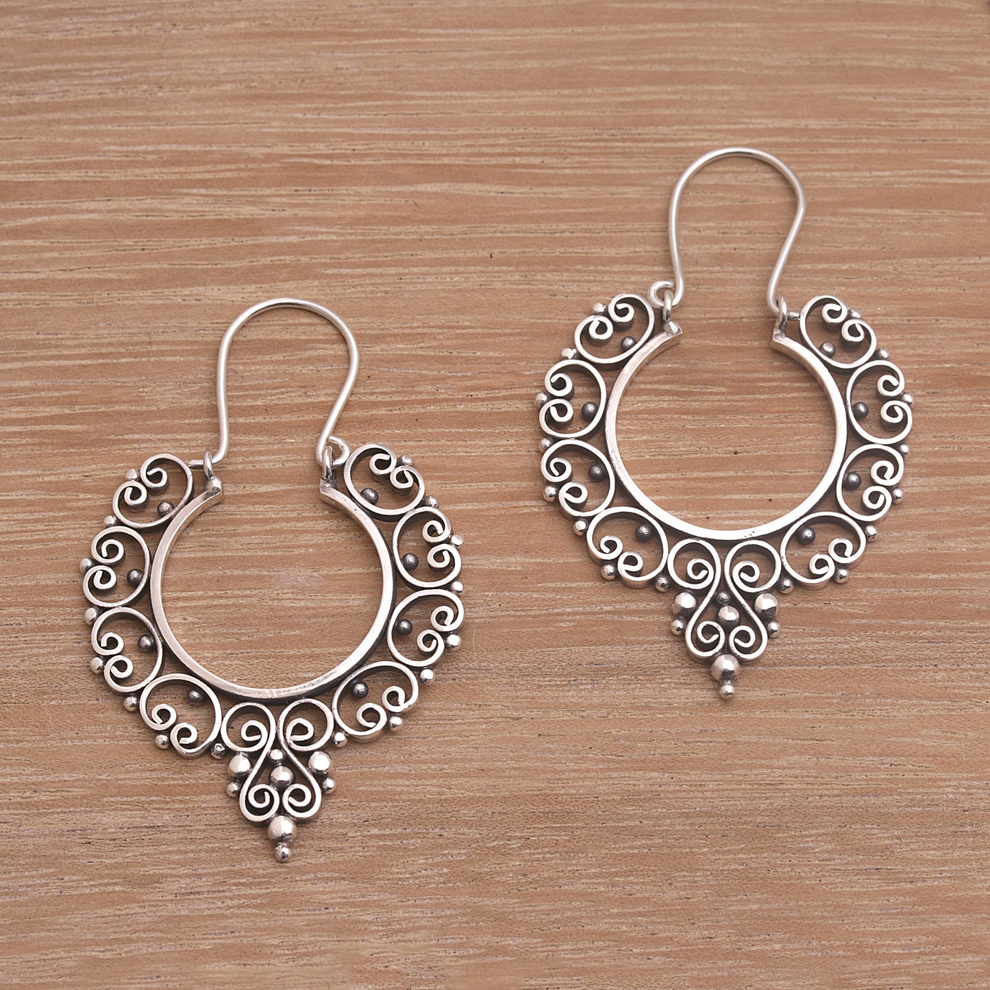 Fanciful Sterling Silver Ornate Hoop Earrings