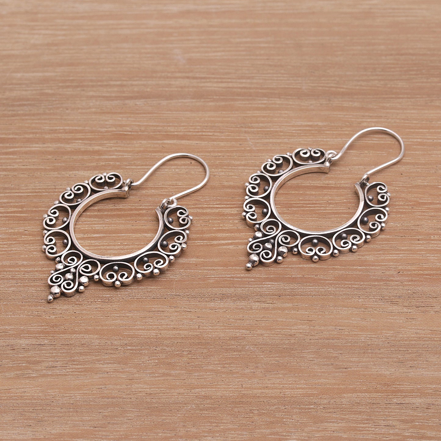 Fanciful Sterling Silver Ornate Hoop Earrings