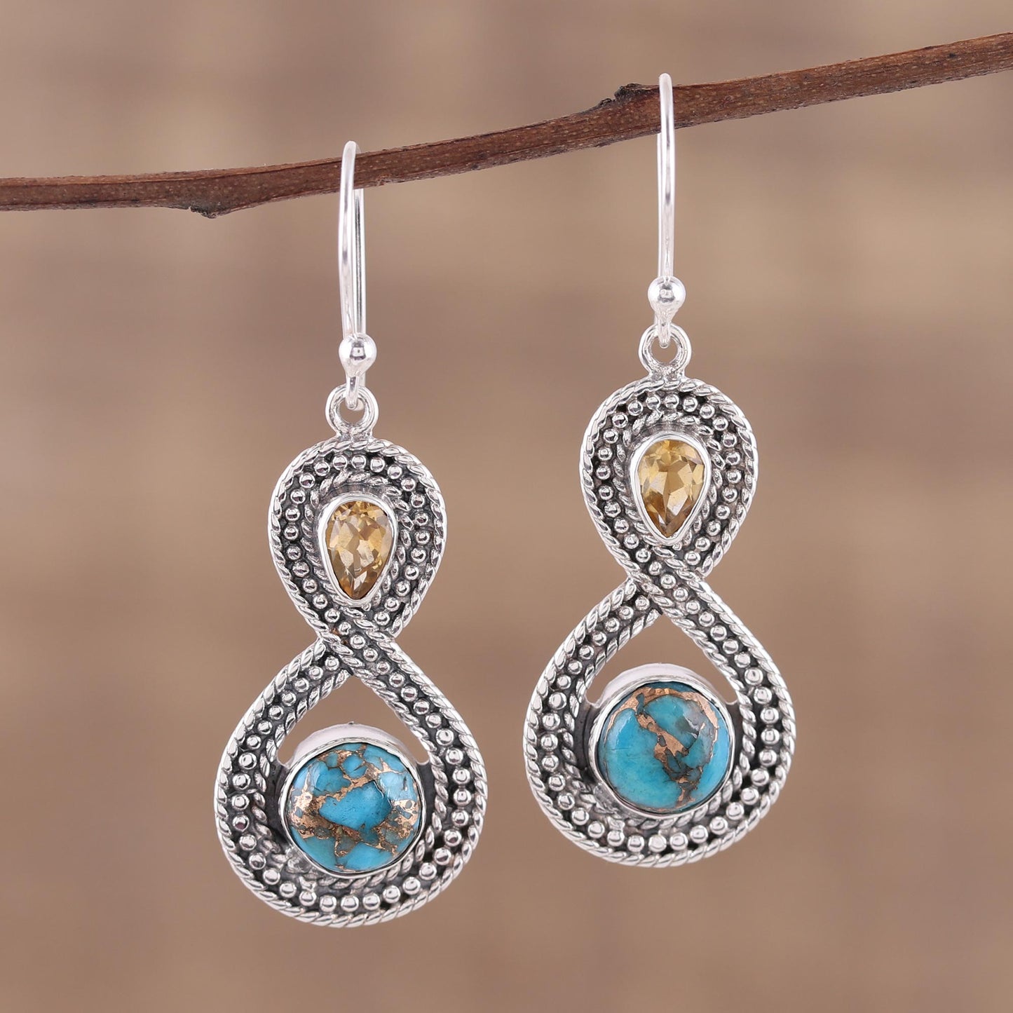 Dazzling Infinity Indian Citrine and Composite Turquoise Dangle Earrings