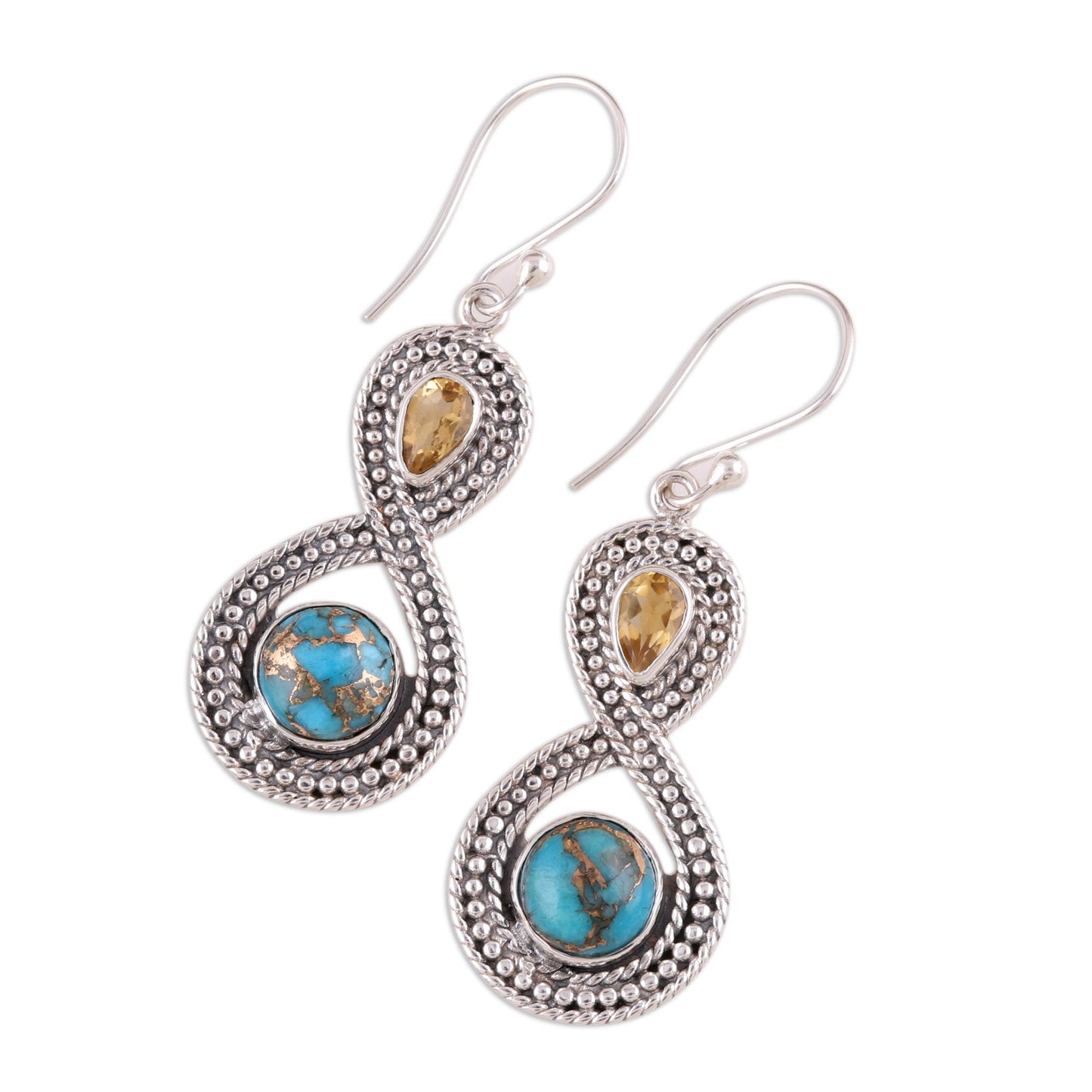 Dazzling Infinity Indian Citrine and Composite Turquoise Dangle Earrings