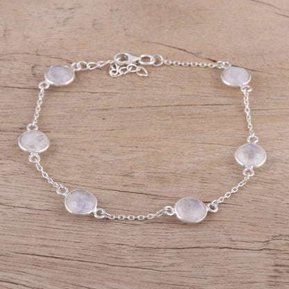 Glacial Opulence Rainbow Moonstone and Sterling Silver Station Bracelet