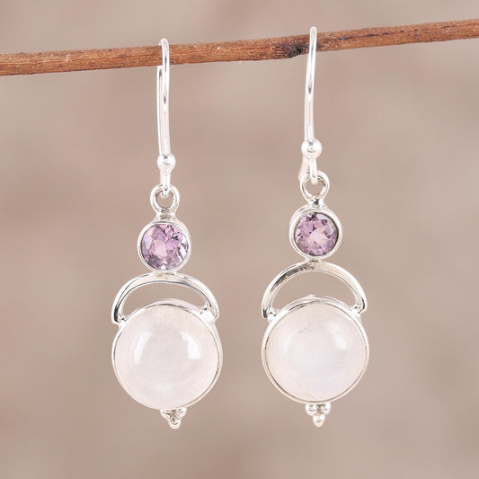 Alluring Serenity Sterling Silver Rainbow Moonstone Amethyst Dangle Earrings