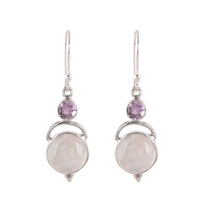 Alluring Serenity Sterling Silver Rainbow Moonstone Amethyst Dangle Earrings