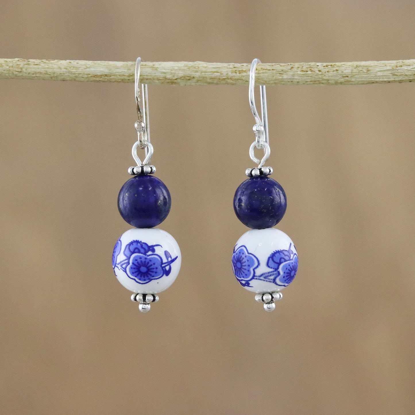 Ming Lotus Artisan Handmade 925 Sterling Silver Lapis Lazuli Earrings