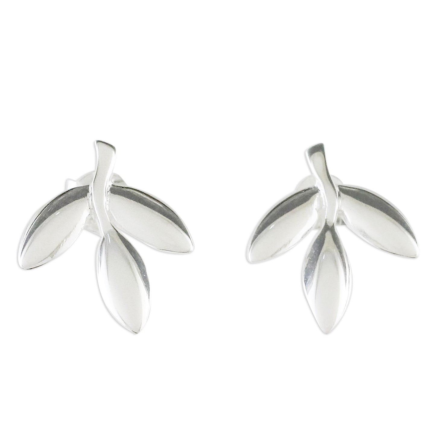 Olive Leaves Leaf-Shaped Sterling Silver Button Earrings from Thailand