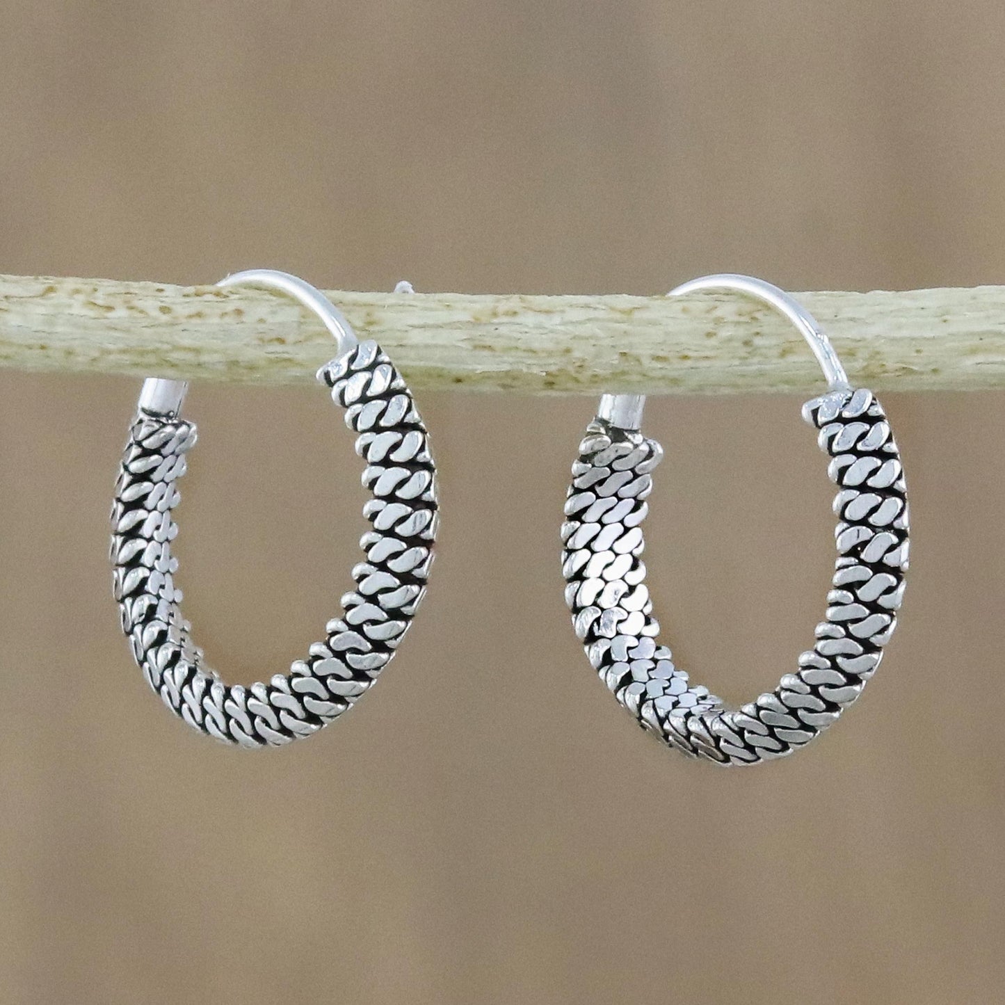 Charming Chain Chain Motif Sterling Silver Hoop Earrings from Thailand