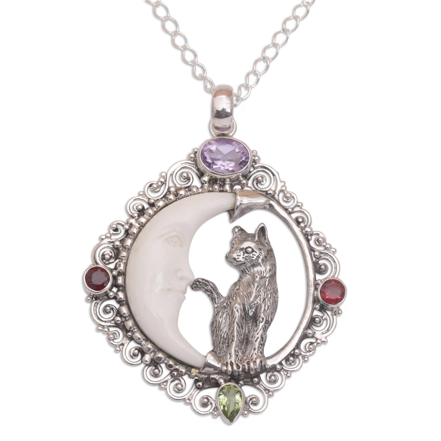 Alley Cat & Crescent Moon Pendant Necklace