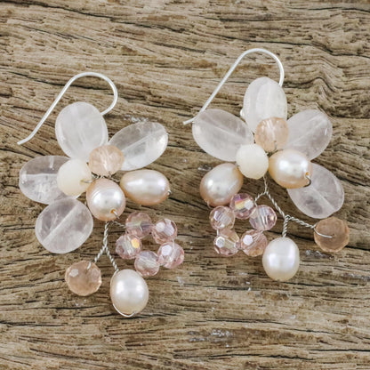 Elegant Flora Rose Quartz and Cultured Pearl Dangle Earrings from Thailand