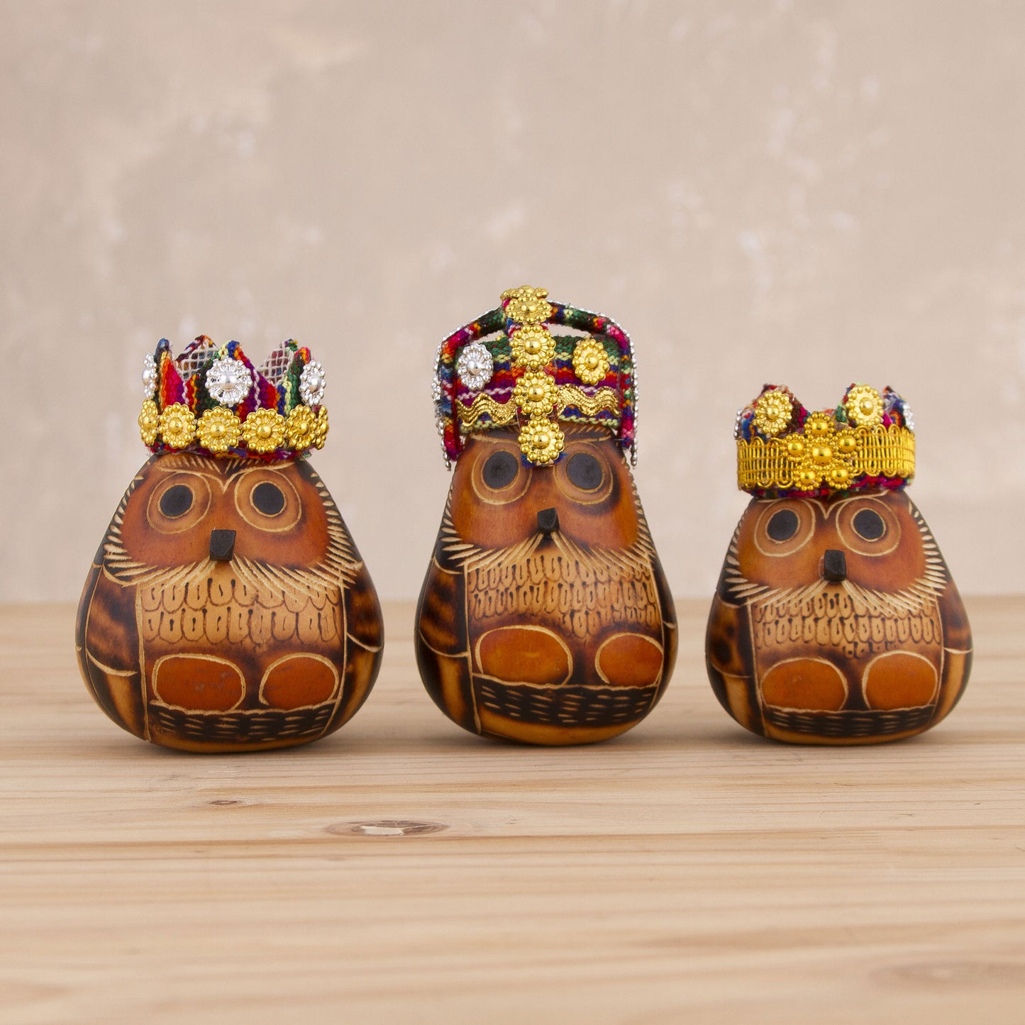 Three Kings Owl Three Kings Gourd Figurines from Peru (Set of 3)