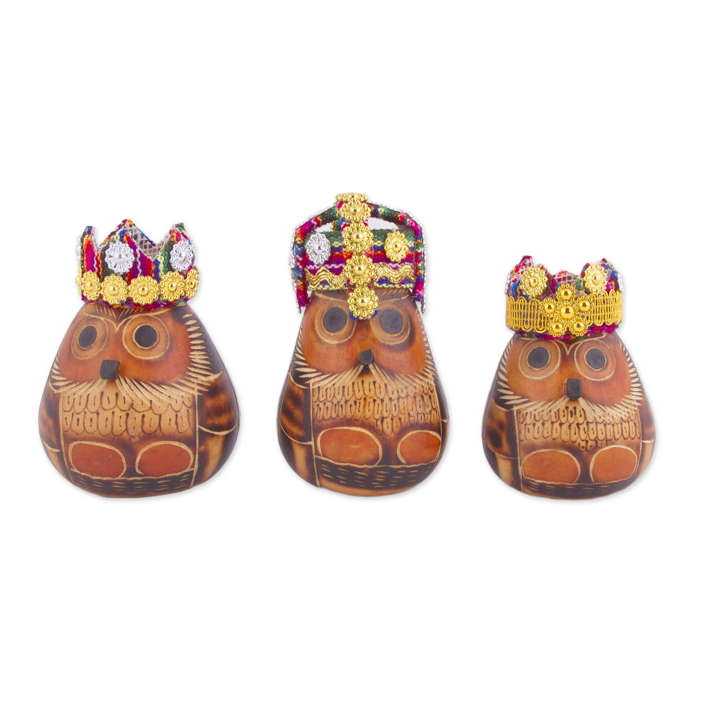 Three Kings Owl Three Kings Gourd Figurines from Peru (Set of 3)