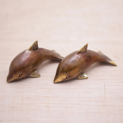 Antique Dolphins Pair of Handcrafted Balinese Bronze Dolphin Figurines