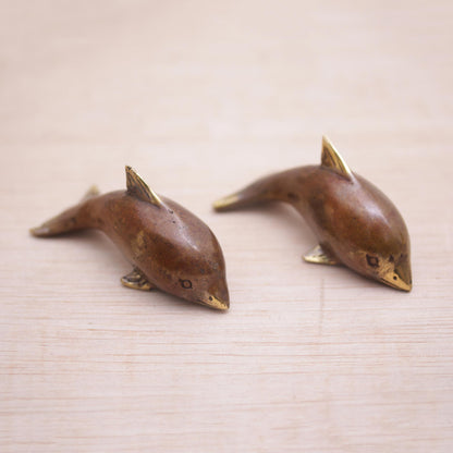 Antique Dolphins Pair of Handcrafted Balinese Bronze Dolphin Figurines