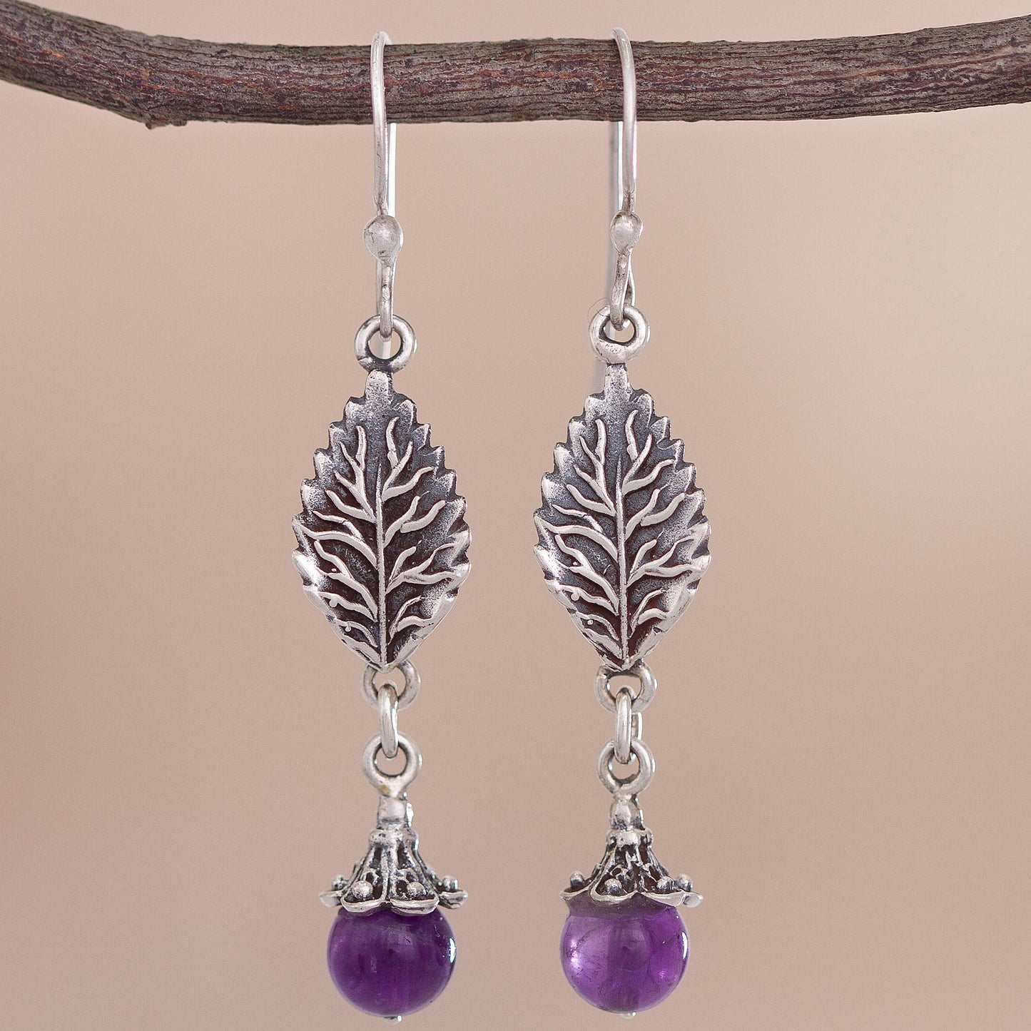 Imperial Leaves Leaf-Shaped Amethyst Dangle Earrings from Peru