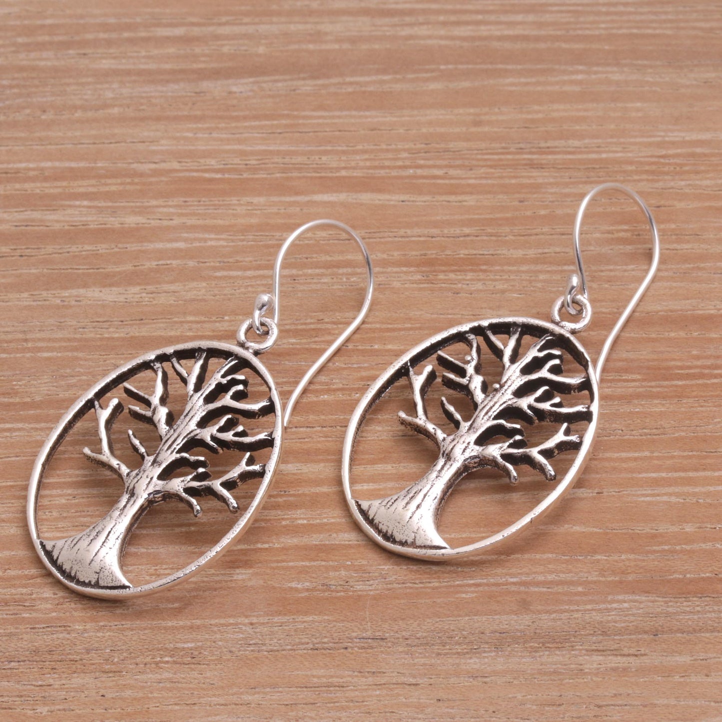 Leafless Trees Oval Tree Sterling Silver Dangle Earrings from Bali