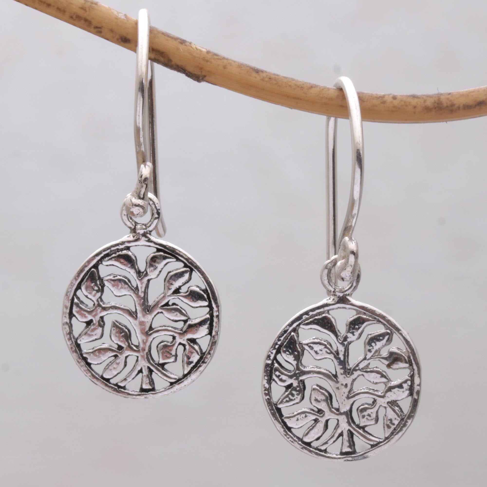 NOVICA Leafy Windows Circular Tree Sterling Silver Dangle Earrings from ...