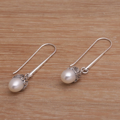 Balinese Acorn Silver & Pearl Earrings