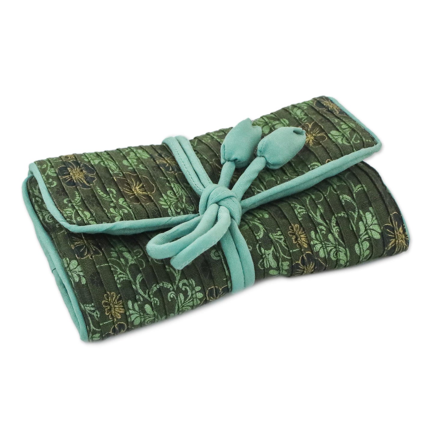 Floral Fashionista Rayon and Silk Blend Jewelry Roll in Green from Thailand