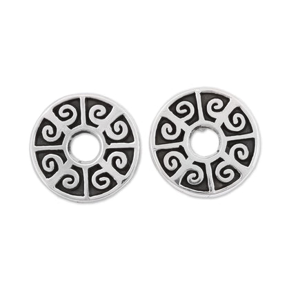 Ancient Ball Game Circular Sterling Silver Button Earrings from Mexico