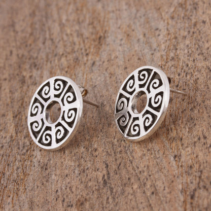 Ancient Ball Game Circular Sterling Silver Button Earrings from Mexico