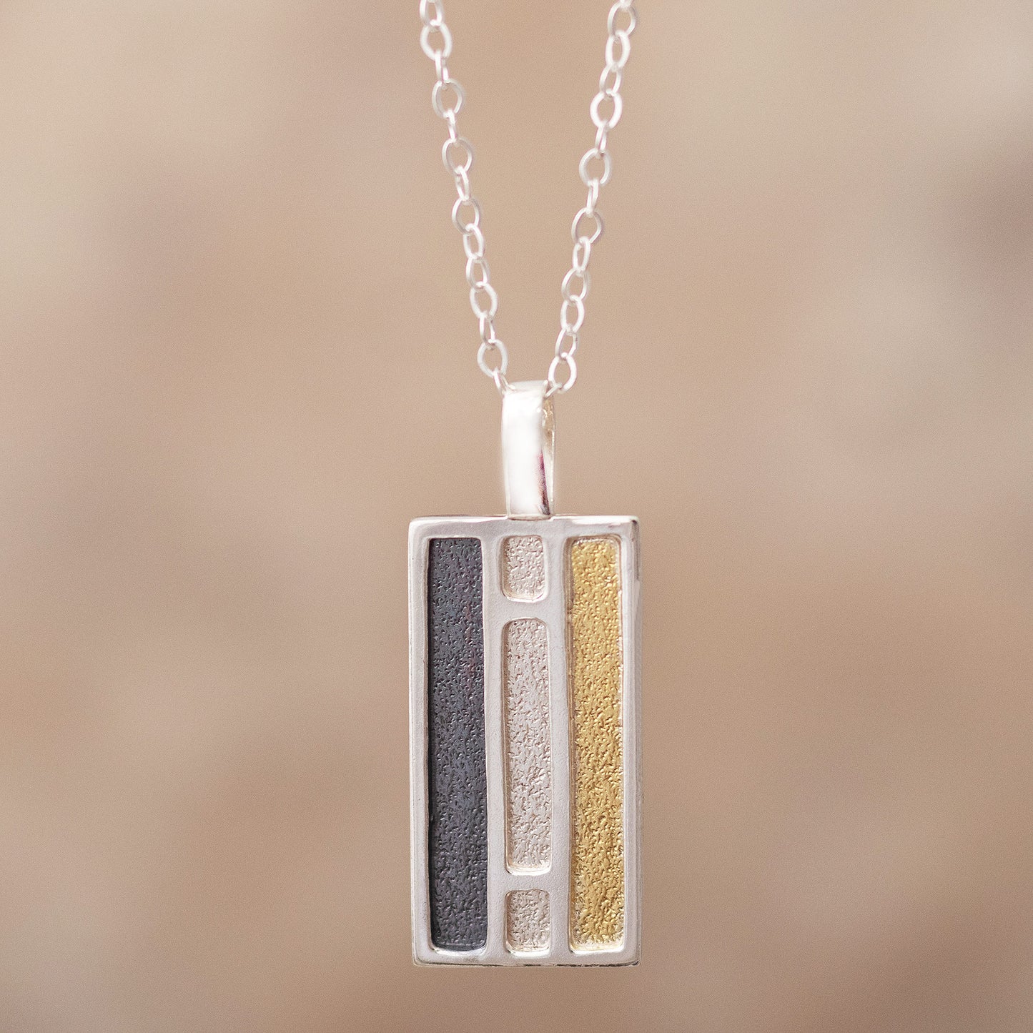 Window of Light Rectangular Gold Accent Silver Pendant Necklace from Peru