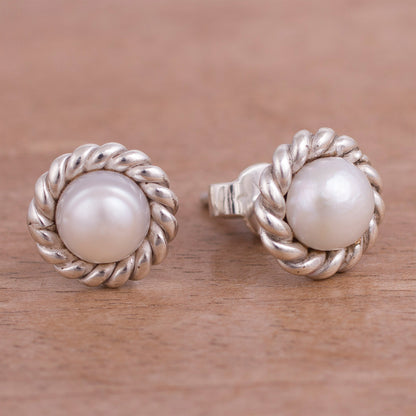 Lassoed Glow Rope Motif Cultured Pearl Stud Earrings from Peru