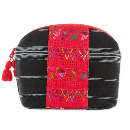 Tactic Stripes in Black Handwoven Cotton Cosmetic Bag in Black from Guatemala