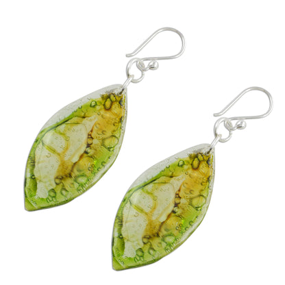 Leafy Forest Green Recycled CD Dangle Earrings from Guatemala