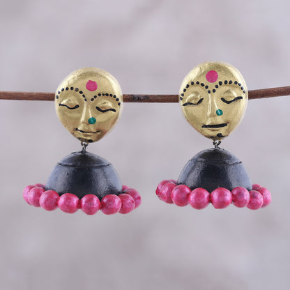 Golden Ladies Hand-Painted Feminine Ceramic Dangle Earrings from India